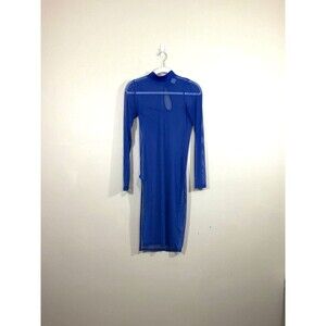 WTD Womens Sheer Mesh Midi Dress M Blue Side Slit Mock Neck Club Rave Party